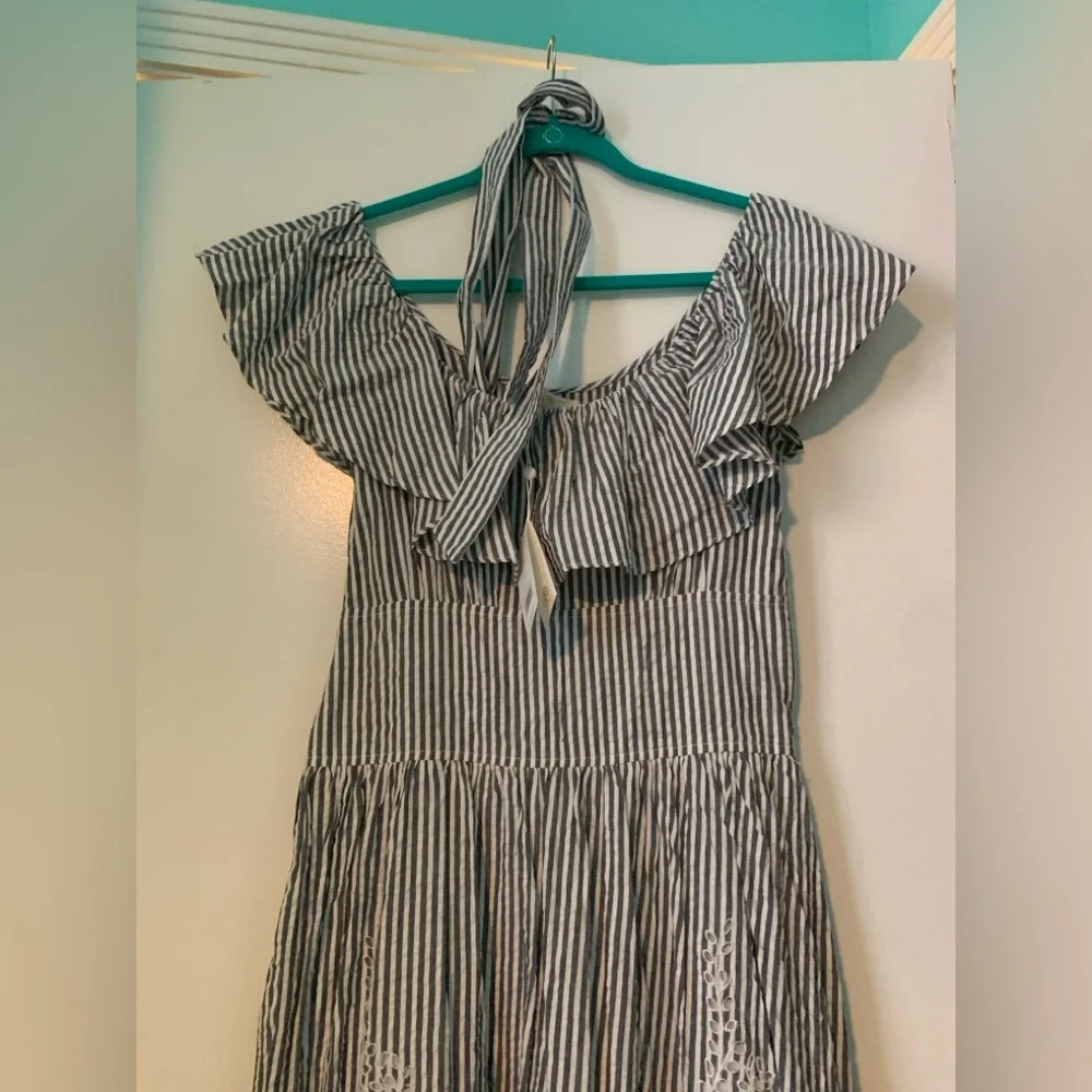 NWT Tory Burch Eyelet Embroidered Seersucker Midi On Off Shoulder Ruffle Dress 4 - Picture 6 of 11